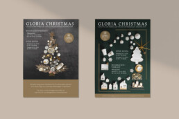 zwei verschiedene Gloria Christmas Flyer mit Porzellan auf der Vorderseite