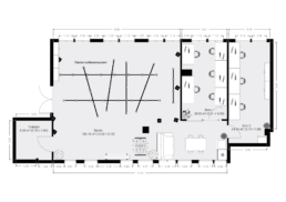 Studiogrundriss Kingunion, zeigt 100 Quadratmeter großes Studio mit Deckenschienensystem und Aufhängsystem für Hintergrundrollen